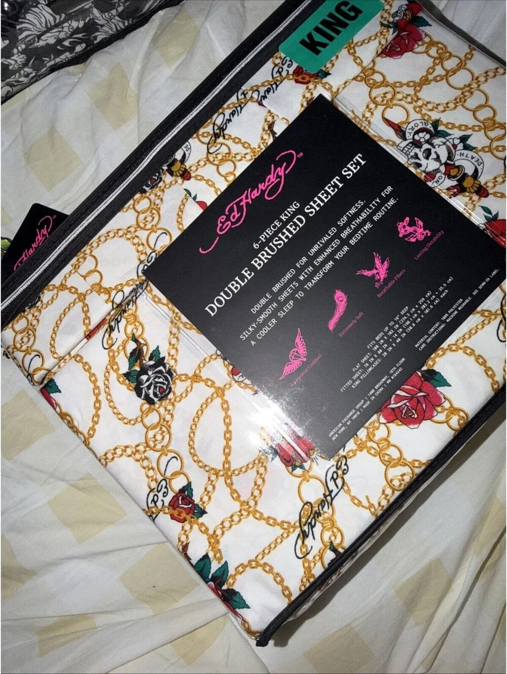 Ed Hardy King 6pc Sheet Set Roses Chains Skull Dagger NWT